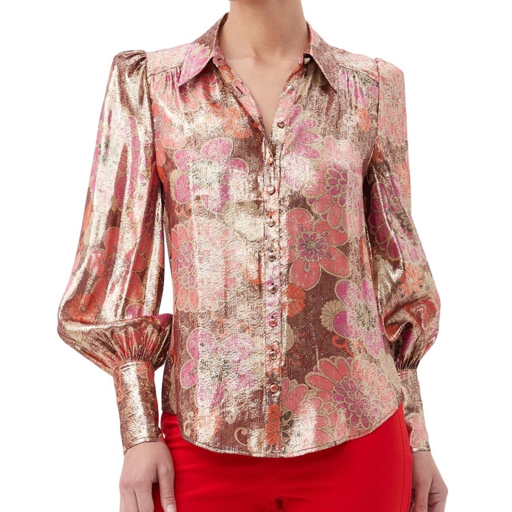 Trina Turk Metallic Pink and Gold Floral Button-Front Blouse